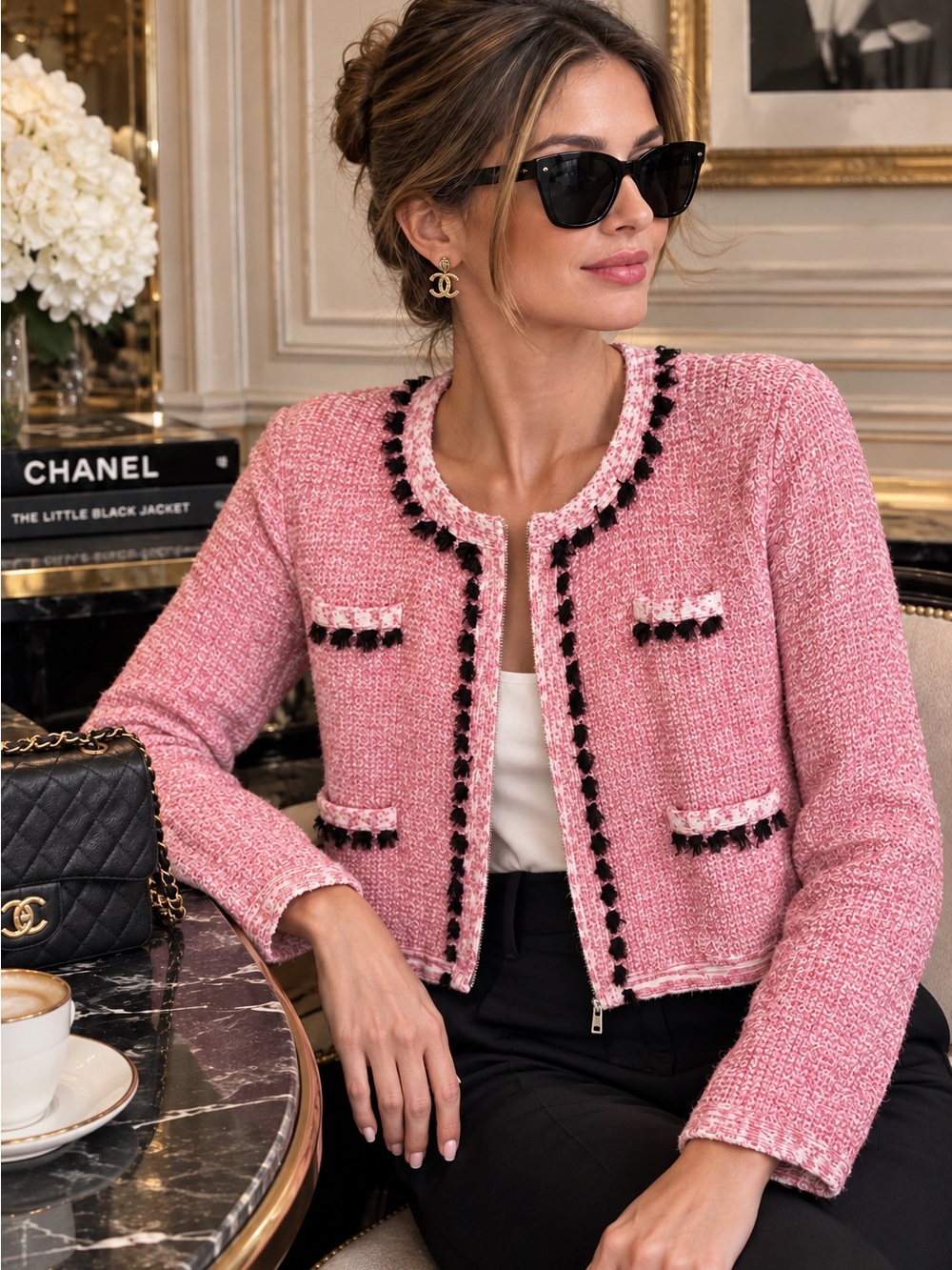 Vintage 100% Merino Wool Full Zip Cardigan Sweater Pink Bouclé Tweed Style Small